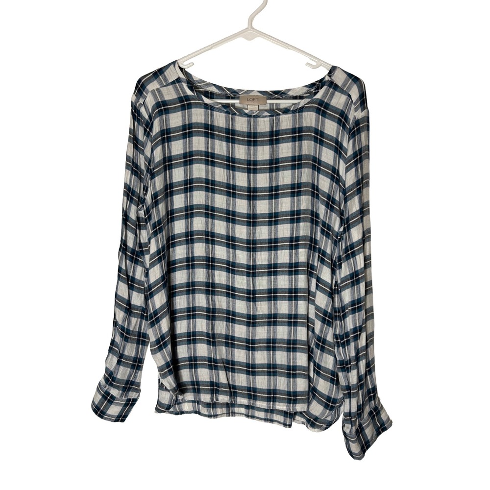 Loft Outlet Womens Medium Blue White Plaid Long Sleeve Roll Tab Blouse Top